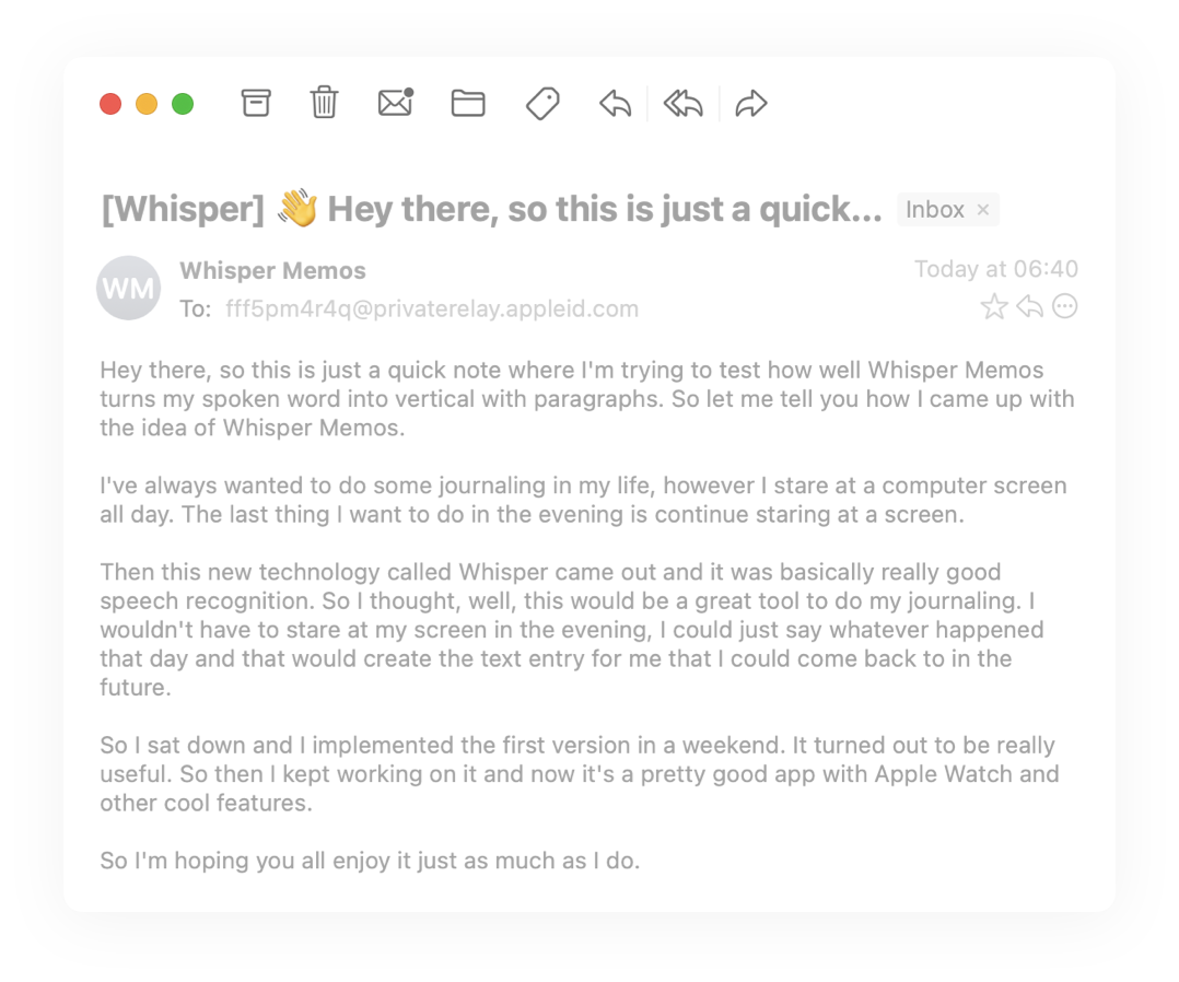 Screenshot of example Whisper Memos email