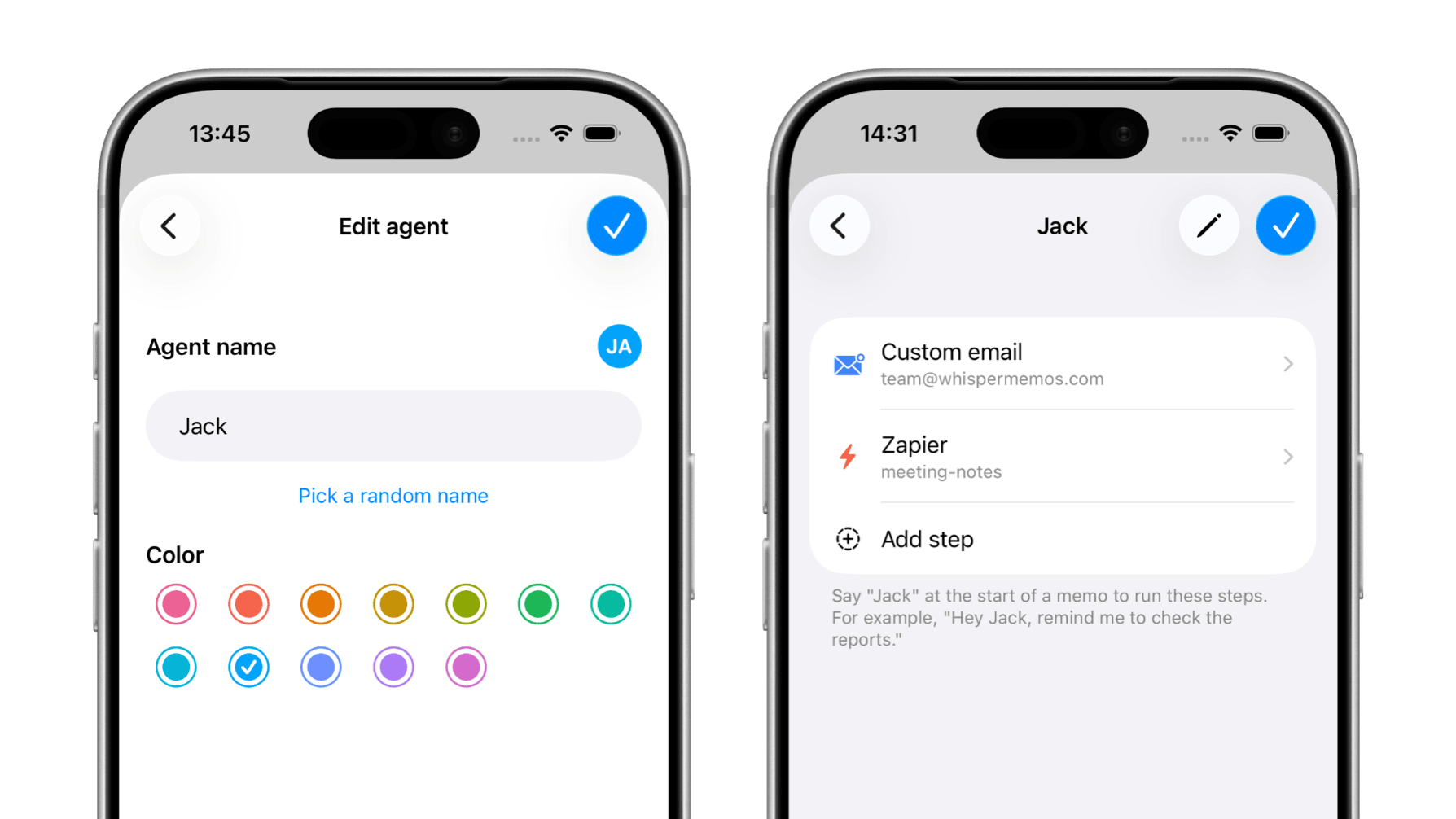 Two iPhone screens in Whisper Memos showing agent setup and assigning steps to a workflow