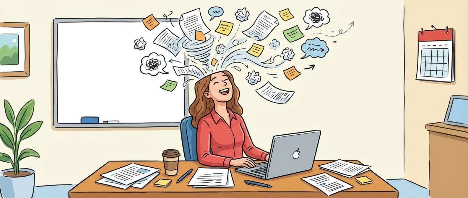 Person with thoughts flying out of their head