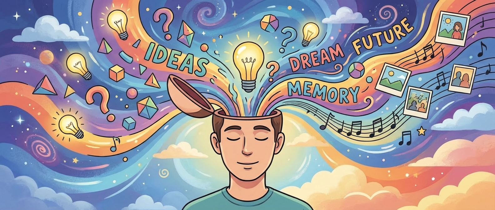 Person with thoughts flowing freely from their mind - ideas, memories, dreams, and questions swirling together