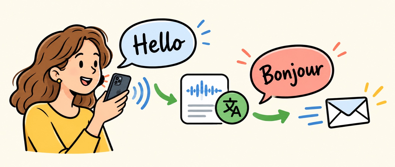 A person recording a voice memo, with English and French speech bubbles and an email icon
