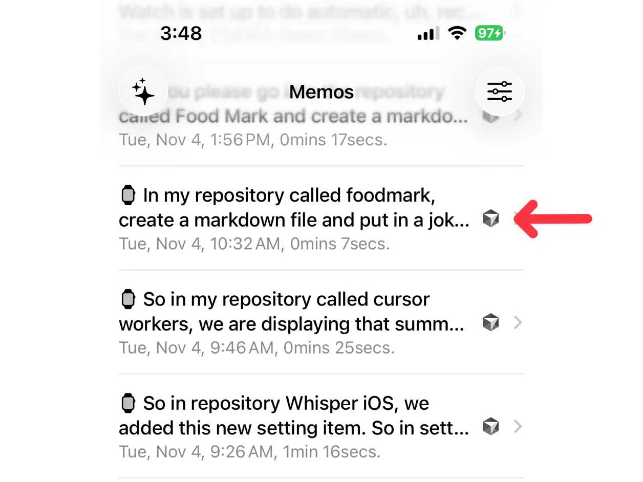 Whisper Memos showing detected Cursor Agents task with icon indicator