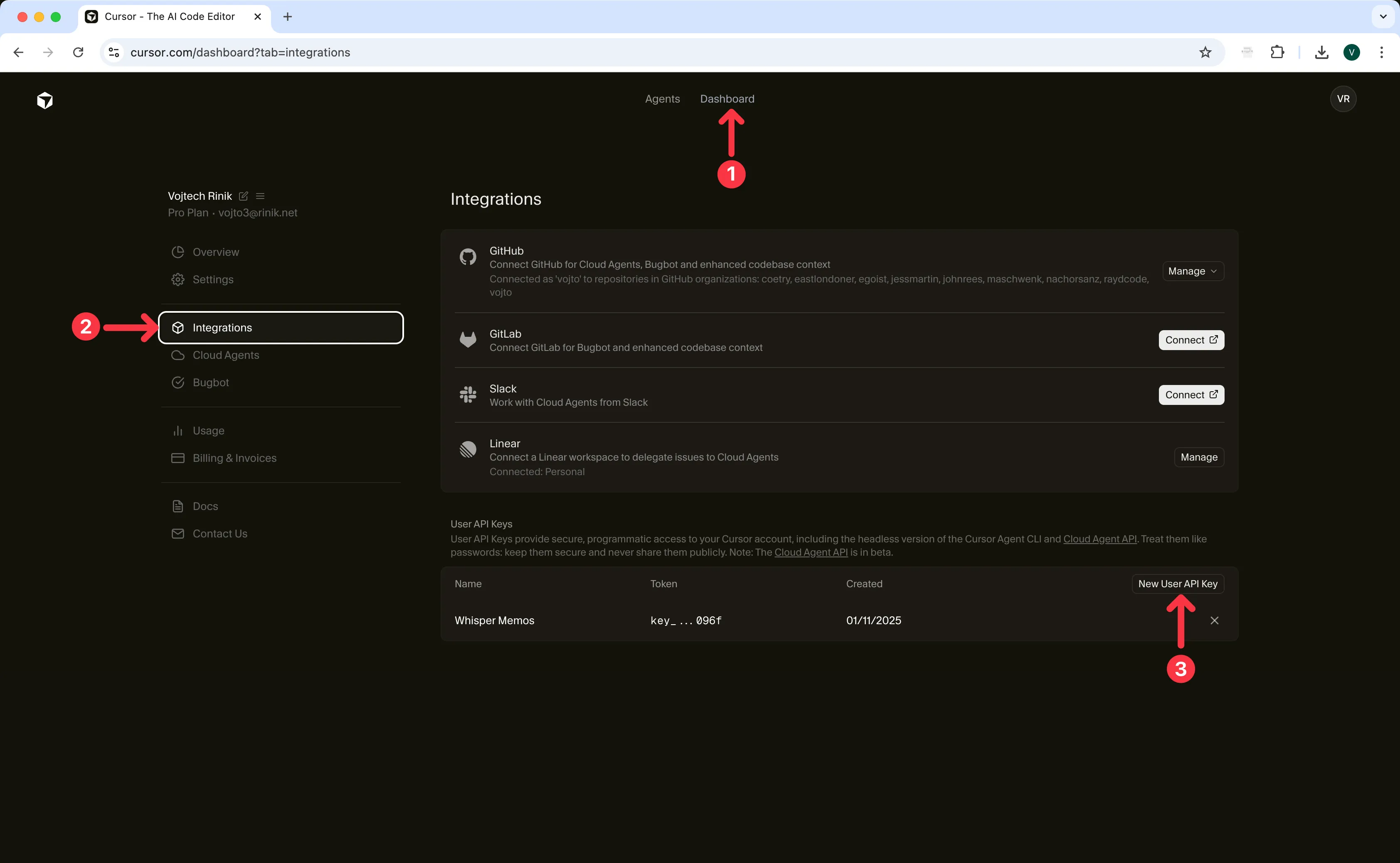 Cursor.com dashboard showing the Integrations section and API key creation