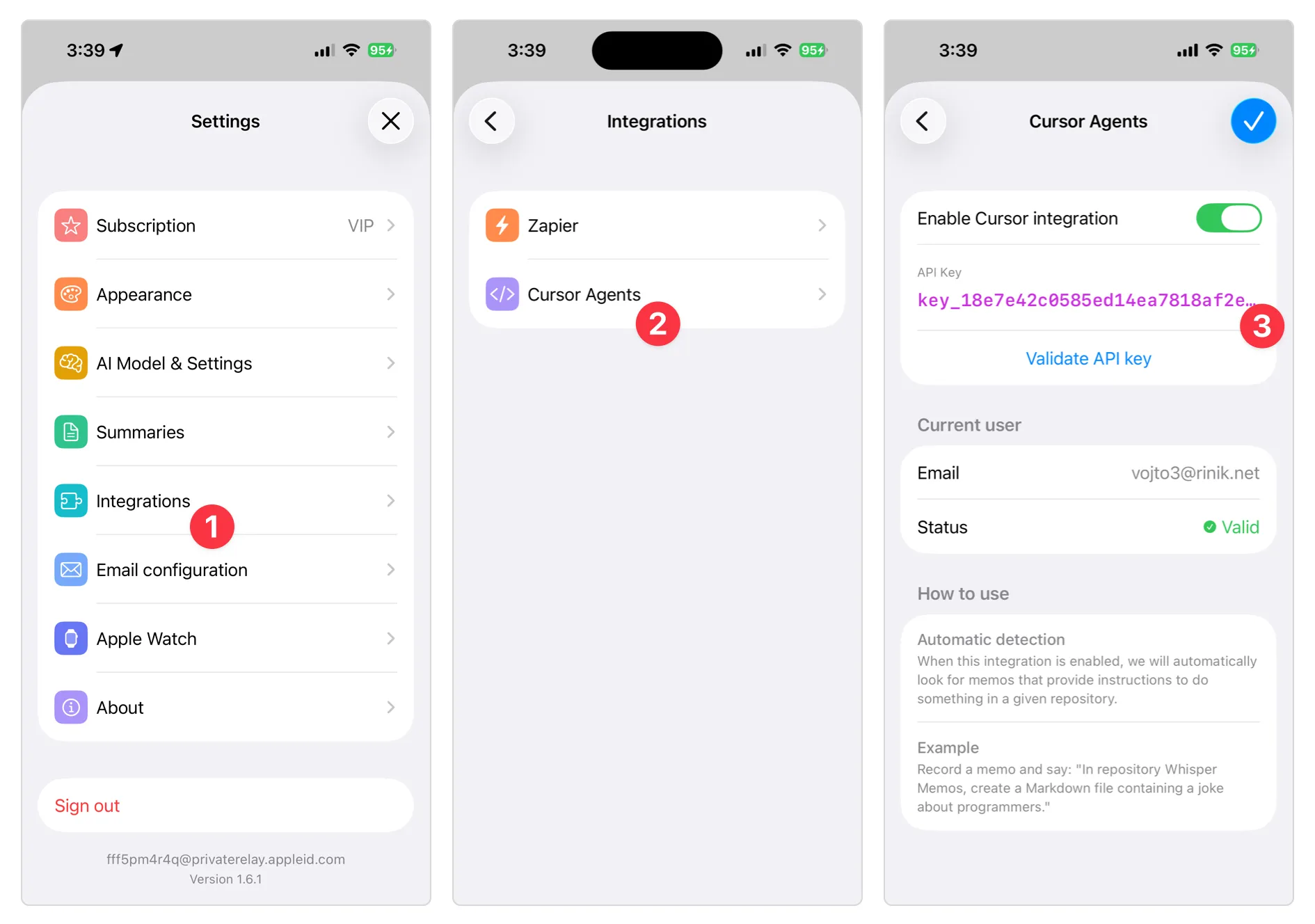 Whisper Memos Settings showing Integrations section with Cursor Agents configuration