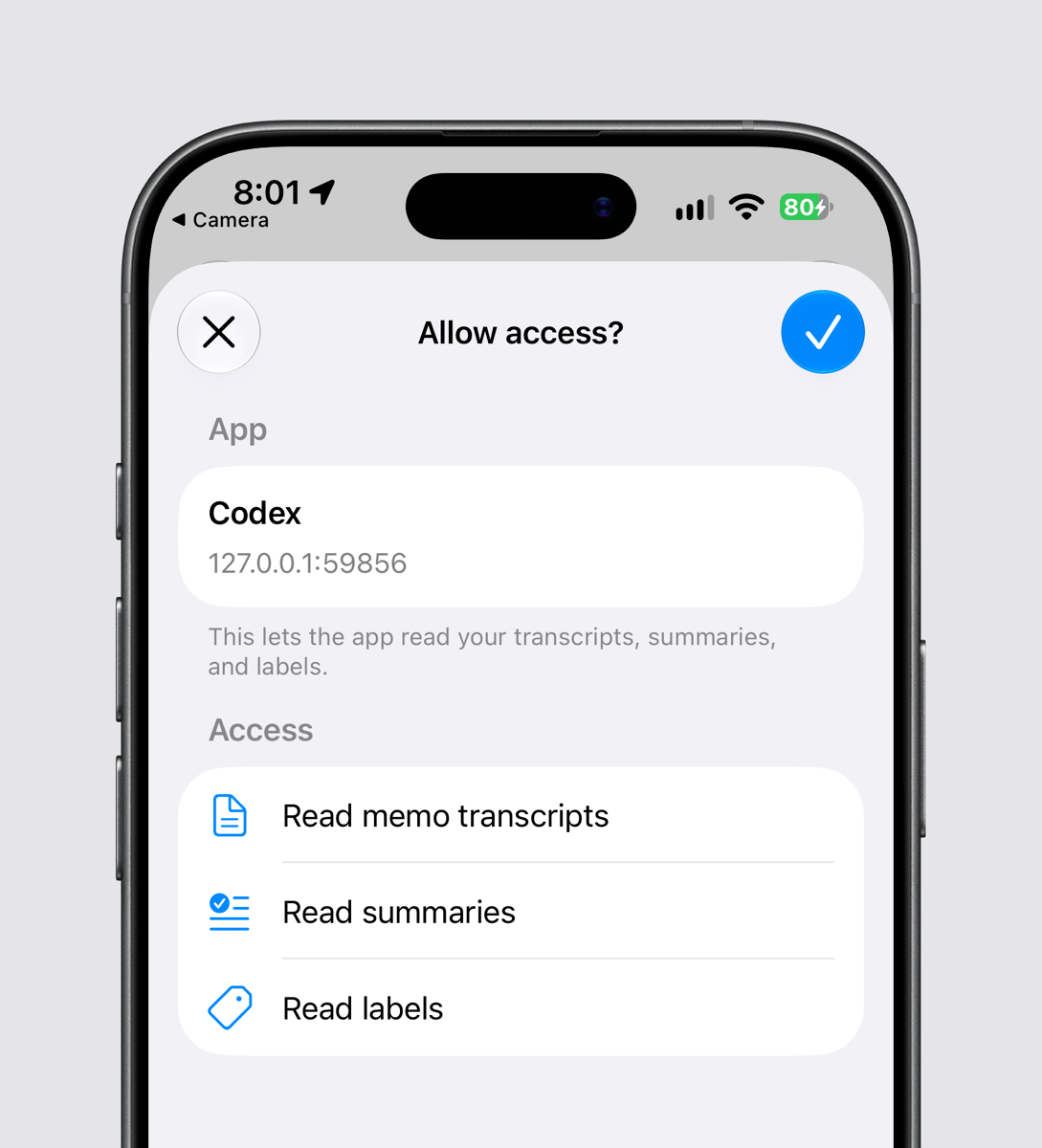 The Allow access screen in Whisper Memos