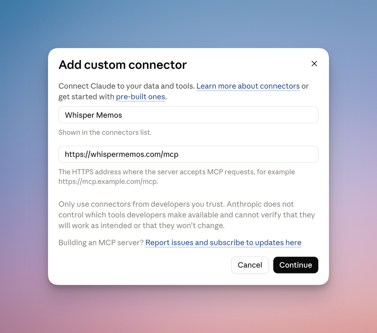 Adding the Whisper Memos MCP server as a custom connector in Claude