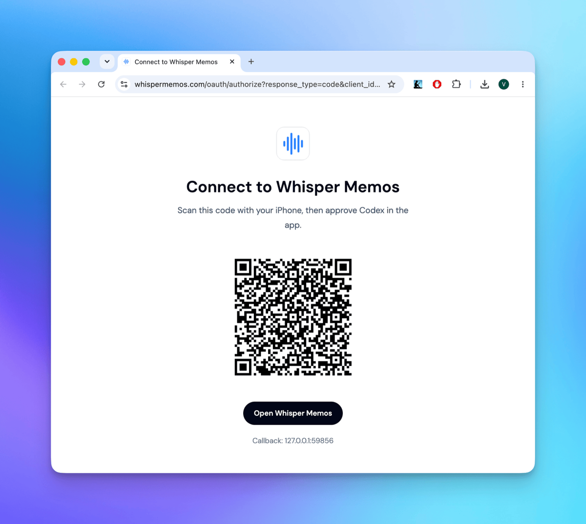 Whisper Memos connection page with a QR code for approving access on an iPhone