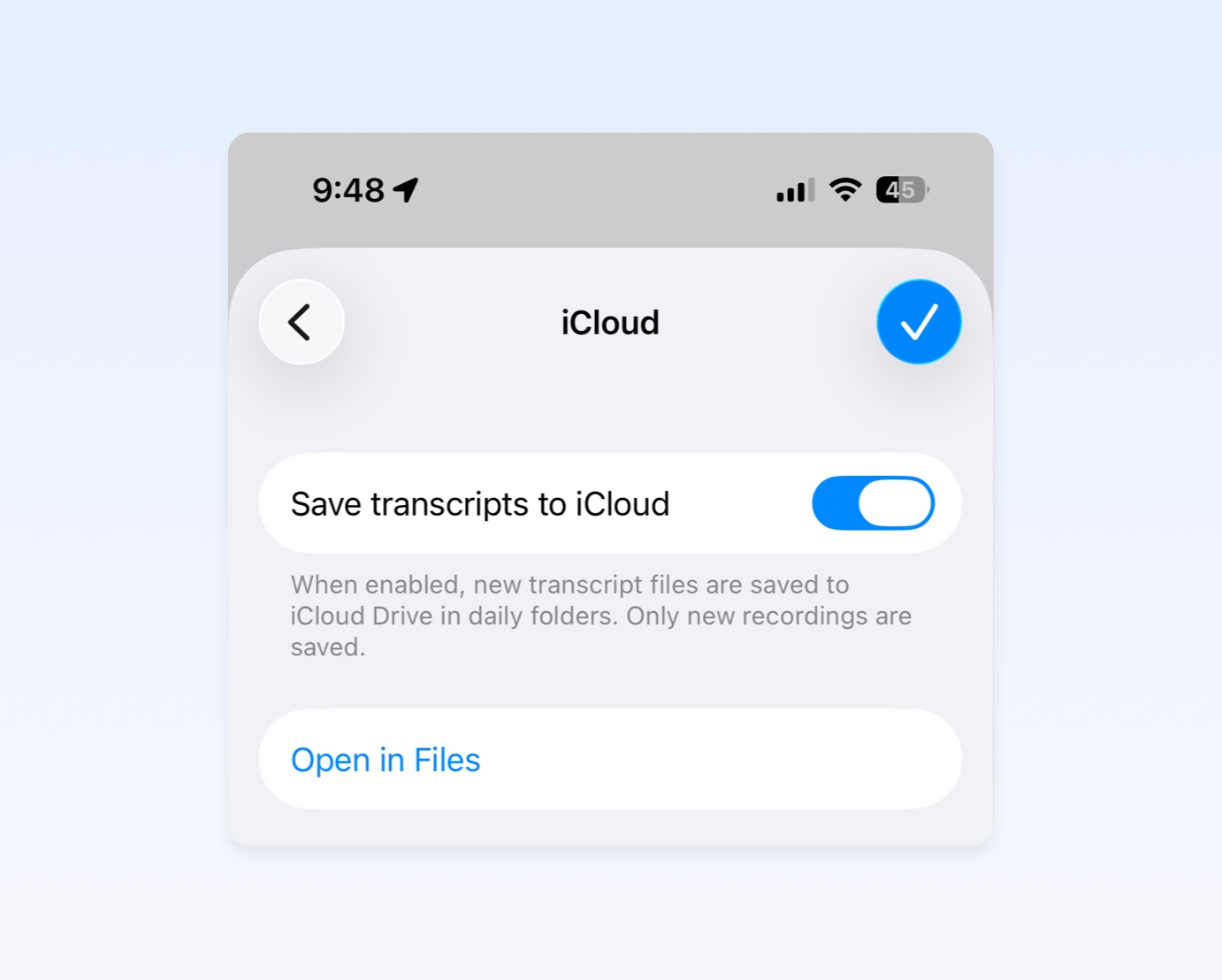 iCloud integration settings in Whisper Memos