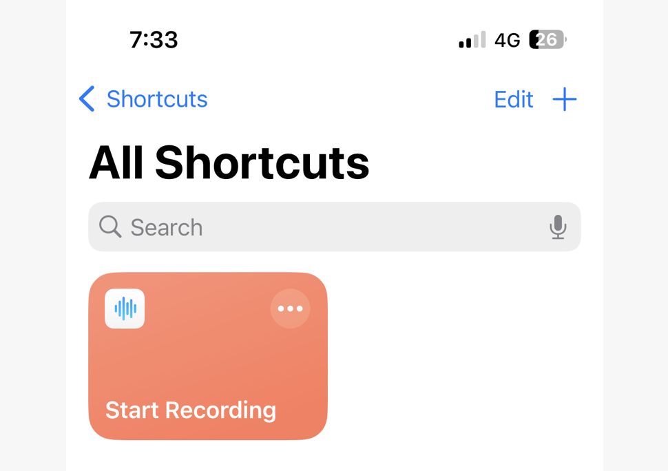 A Shortcut configured to start recording with Whisper Memos