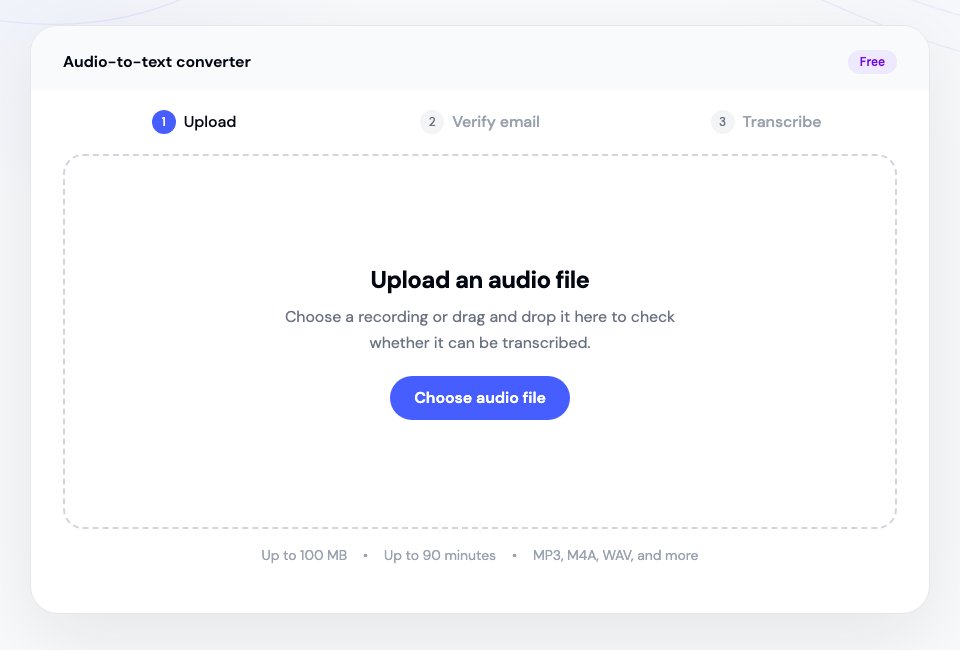 The Whisper Memos audio-to-text converter with its upload, verify email, and transcribe steps
