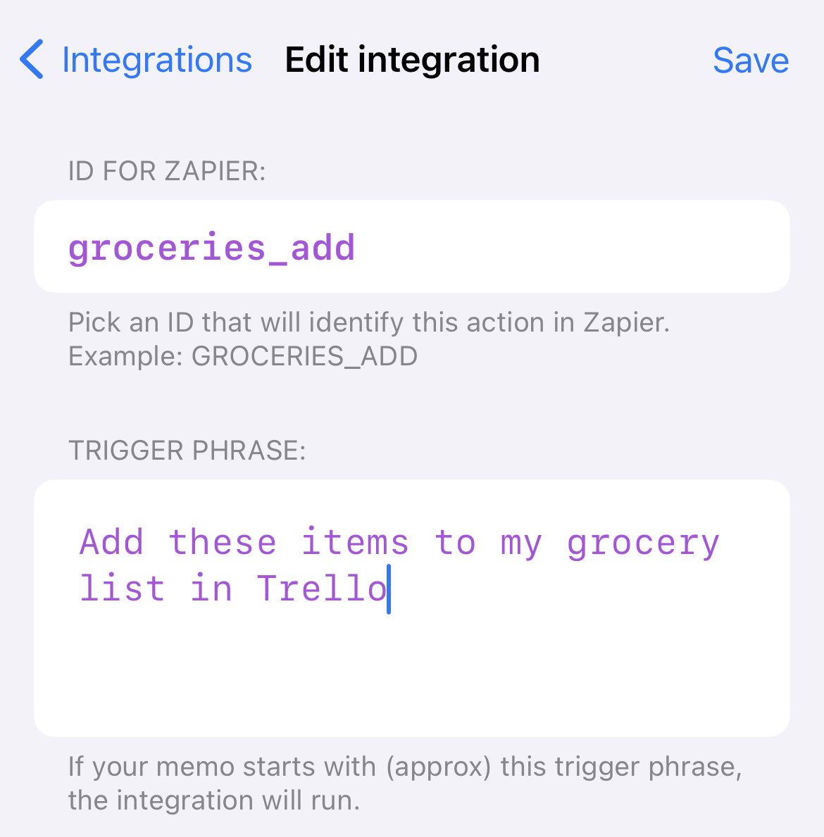 Zapier integration setup in Whisper Memos
